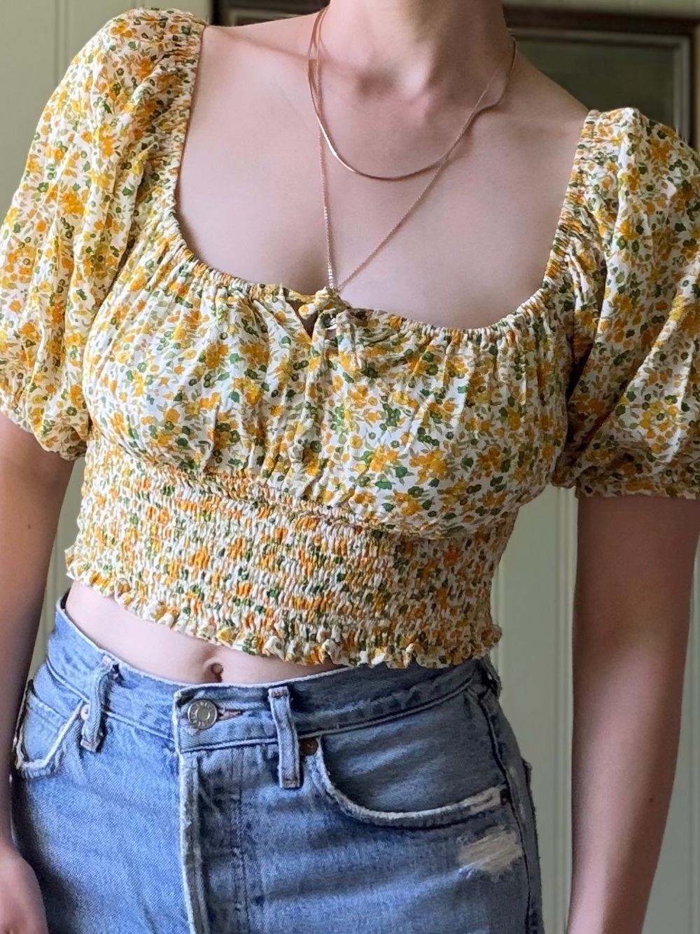 NWT Faithfull the Brand Yellow Floral Smocked Crop Top - Medium